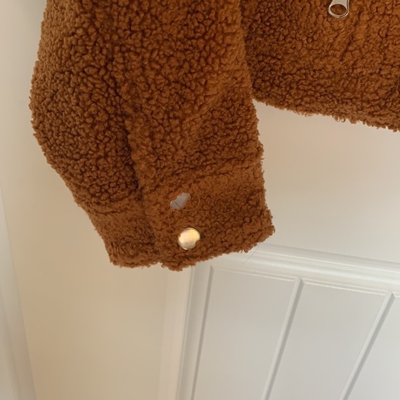 NWT Faux Shearling Moto Teddy Jacket Large Cognac Cropped Sherpa Lined Cozy - Picture 8 of 13
